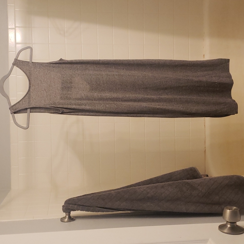 Soft grey midi dress with low back and suits on both sides